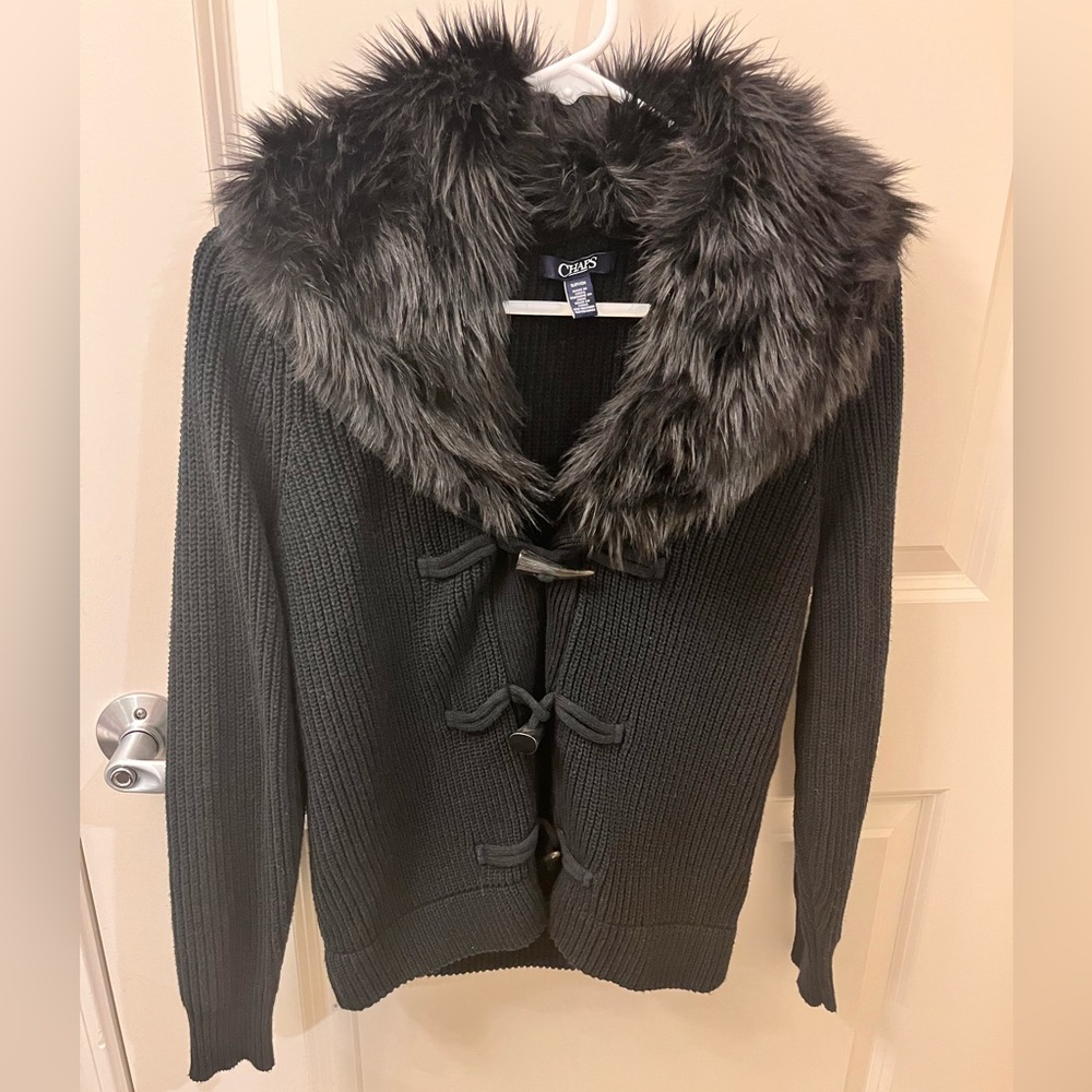 CHAPS black knit sweater with removable fur collar